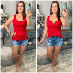 Ribbed Henley Button Summer Tank Top Red 1822